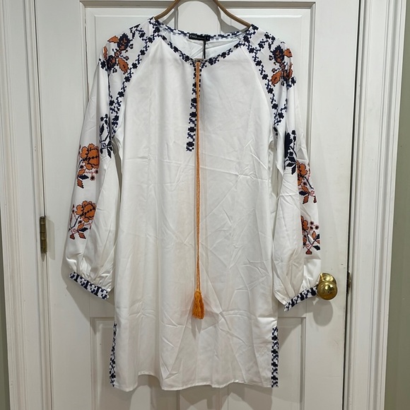 NWT FHQ Collection || Balloon Sleeve Peasant Cross-Stitch Print Cotton Dress - Picture 1 of 14